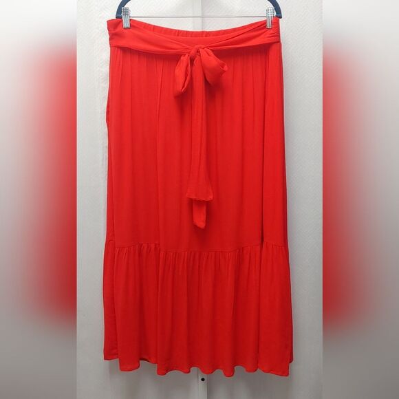 Gibson Look Tiered Belted Gauzy Midi Skirt Sz L Red NEW - Picture 2 of 11